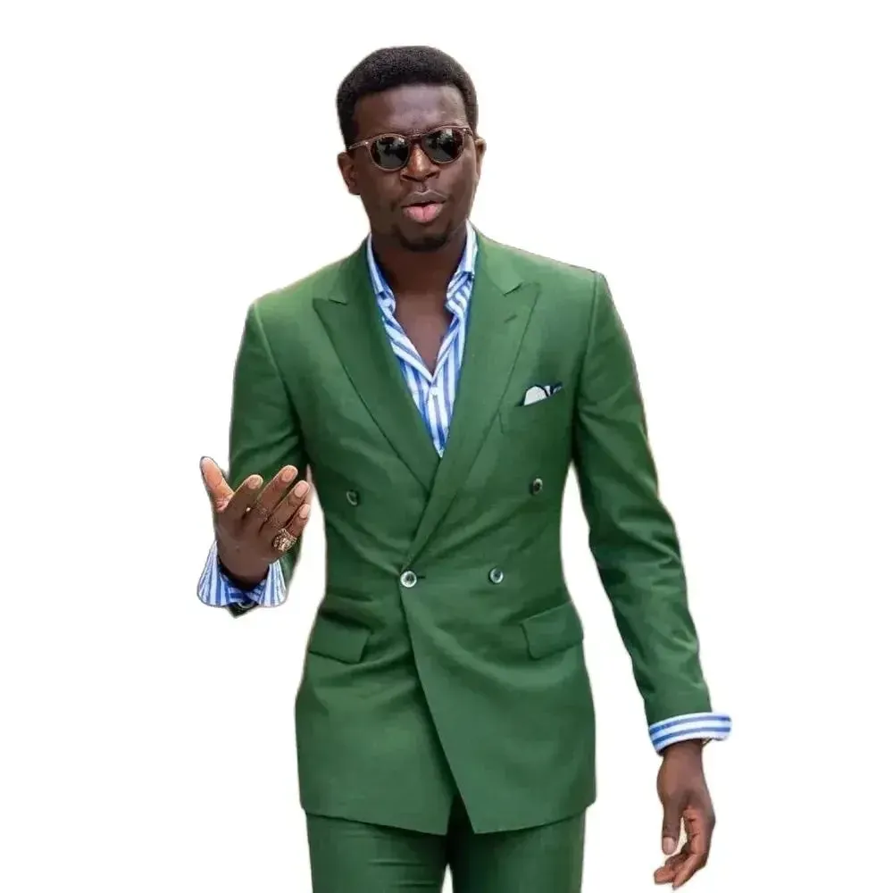 Aidase Double Breasted Green Men Suits Luxury Formal 2 Piece Jacket Pants Full Sets Elegant Prom Party Costume Homme Blazer Terno