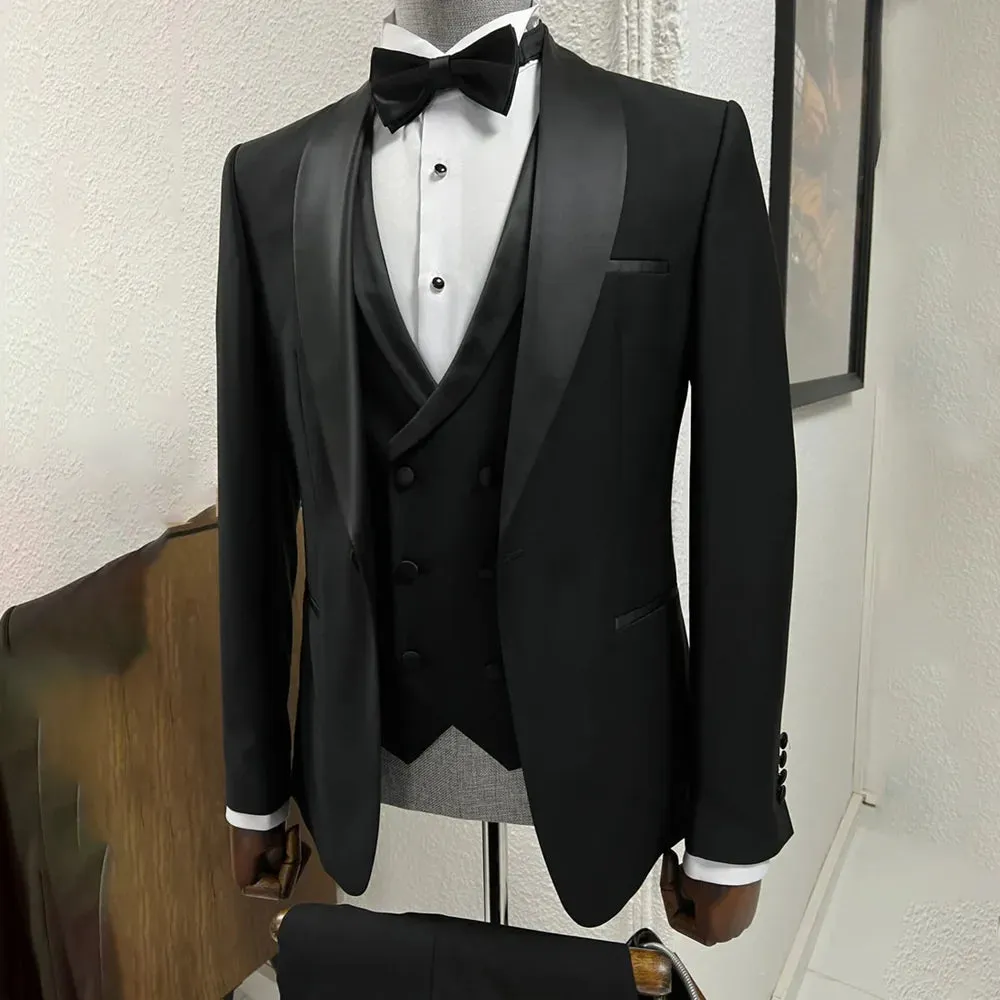 Aidase High-end Black Men Suits 3 Piece Elegant Shawl Lapel Singe Button Male Suit Slim Groom Wedding Party Tuxedo (Jacket Vest Pants)