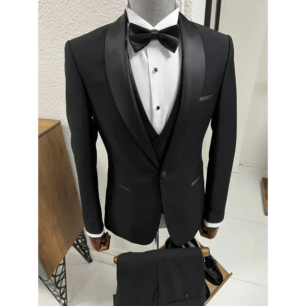 Aidase High-end Black Men Suits 3 Piece Elegant Shawl Lapel Singe Button Male Suit Slim Groom Wedding Party Tuxedo (Jacket Vest Pants)