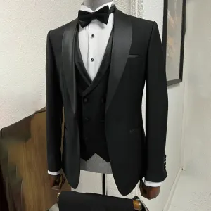Aidase High-end Black Men Suits 3 Piece Elegant Shawl Lapel Singe Button Male Suit Slim Groom Wedding Party Tuxedo (Jacket Vest Pants)
