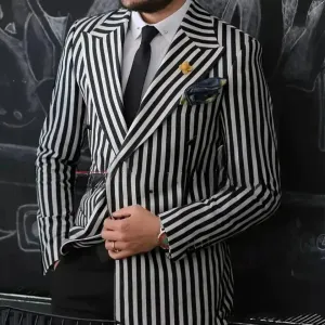 Aidase Luxury Men's Suits Blazer Black White Stripe Double Breasted Peaked Lapel Elegant 2 Piece Jacket Pants Slim Fit Tailor Clothing