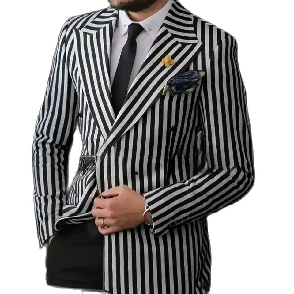 Aidase Luxury Men's Suits Blazer Black White Stripe Double Breasted Peaked Lapel Elegant 2 Piece Jacket Pants Slim Fit Tailor Clothing