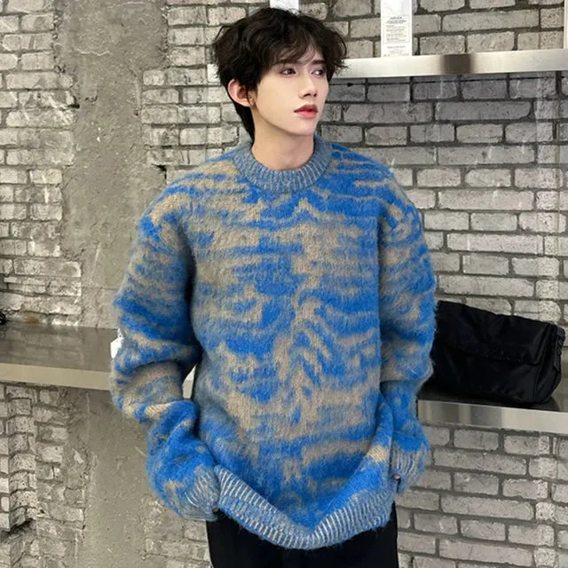 Blue Contrast Color Round Collar Sweater
