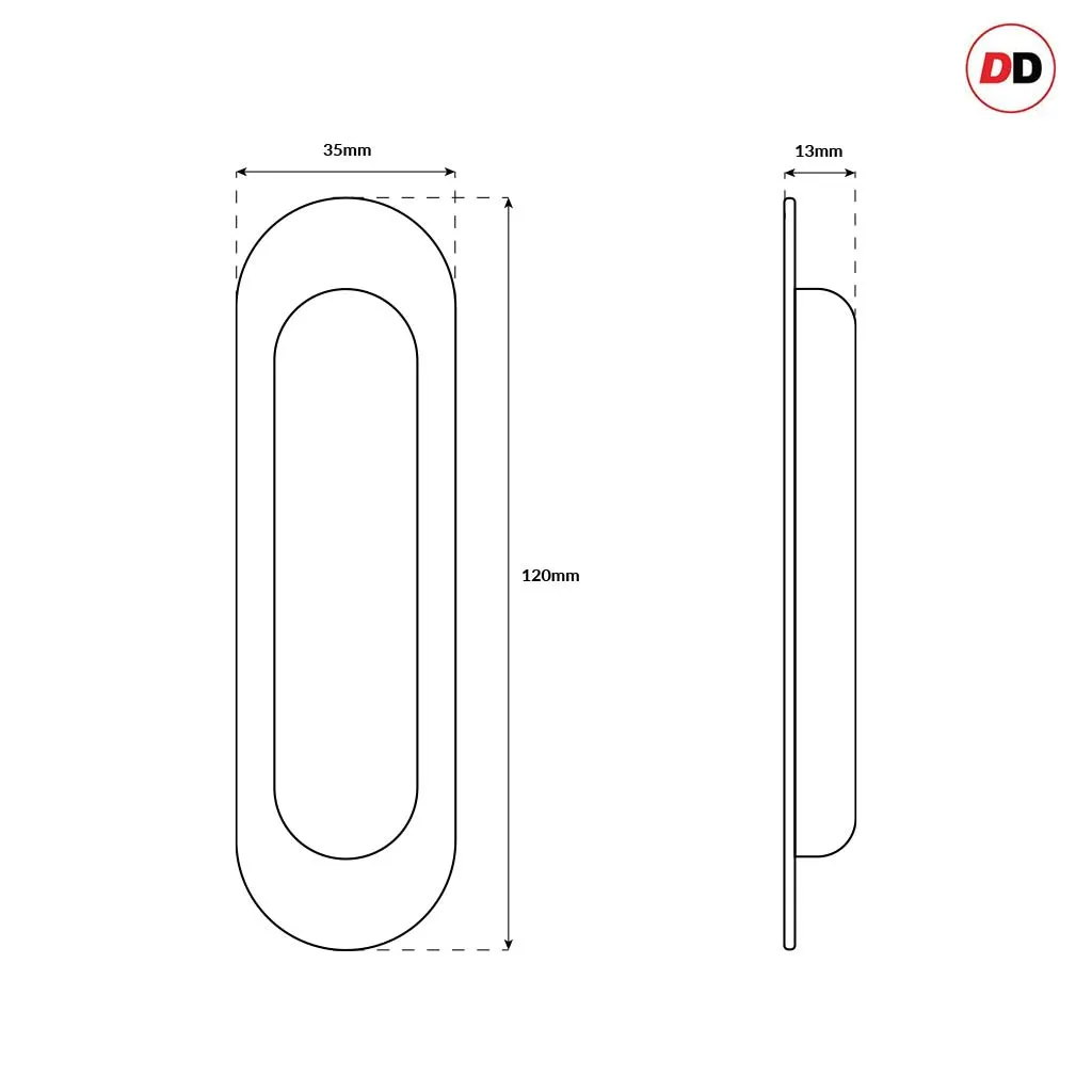 Burbank 120mm Sliding Door Oval Flush Pulls Pair and Single Finger Pull - Matt Black Finish