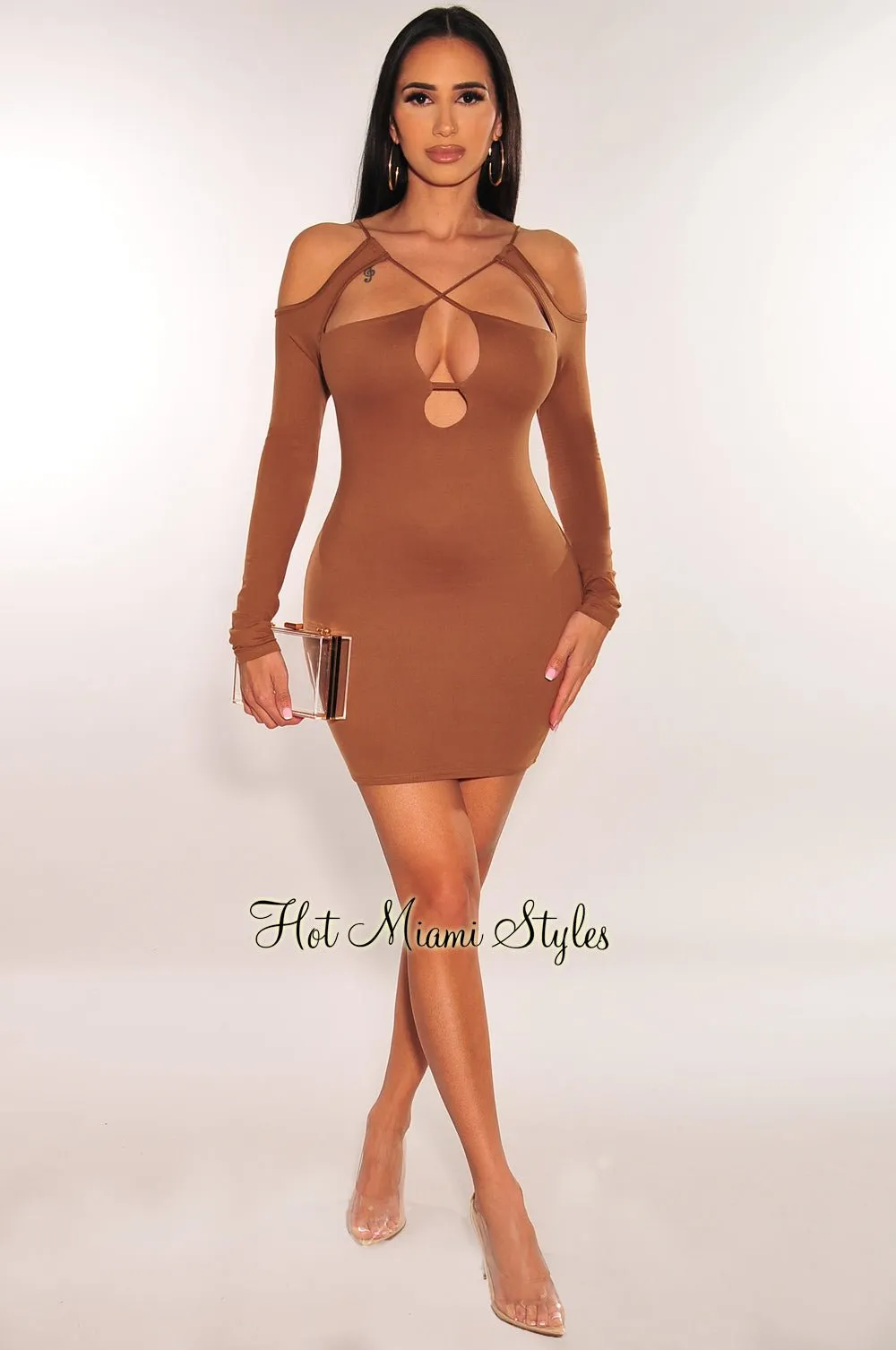 Caramel Cut Out CrissCross Long Sleeve Mini Dress