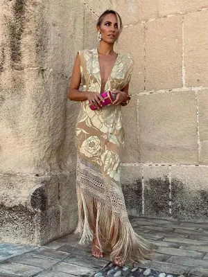 Chic Tassels Patchwork V Neck Dress: Elegant Statement for Women