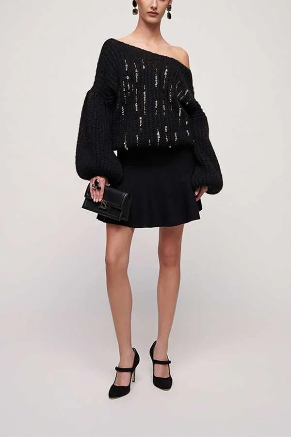 COMMENDA BLACK RHINESTONE BALLOON SLEEVES SWEATER