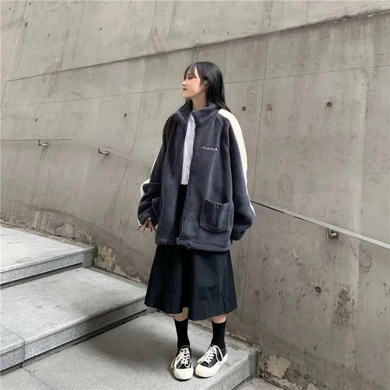deanwangkt Oversize Women Hoodie Korean Fashion Autumn Winter Warm Harajuku Lamb Wool Zipper Hoodies Casual Thick Sweatshirt Loose
