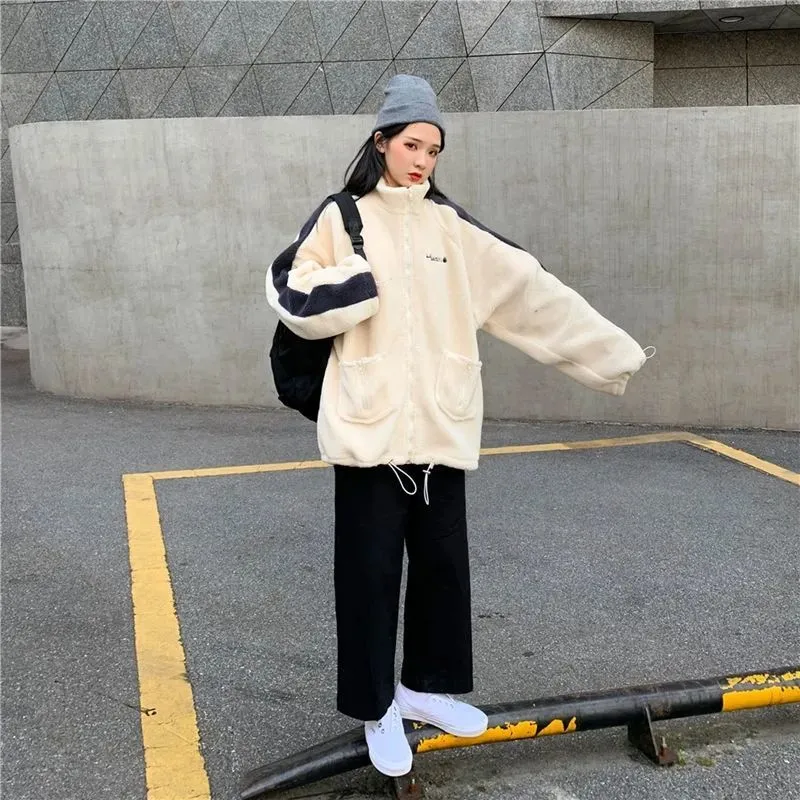 deanwangkt Oversize Women Hoodie Korean Fashion Autumn Winter Warm Harajuku Lamb Wool Zipper Hoodies Casual Thick Sweatshirt Loose