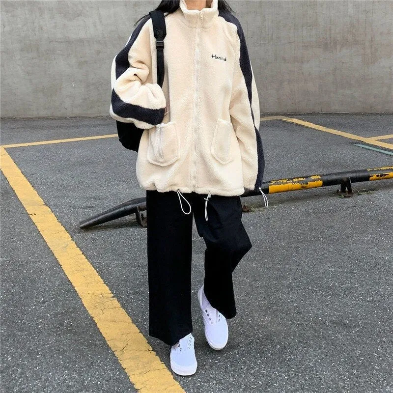 deanwangkt Oversize Women Hoodie Korean Fashion Autumn Winter Warm Harajuku Lamb Wool Zipper Hoodies Casual Thick Sweatshirt Loose
