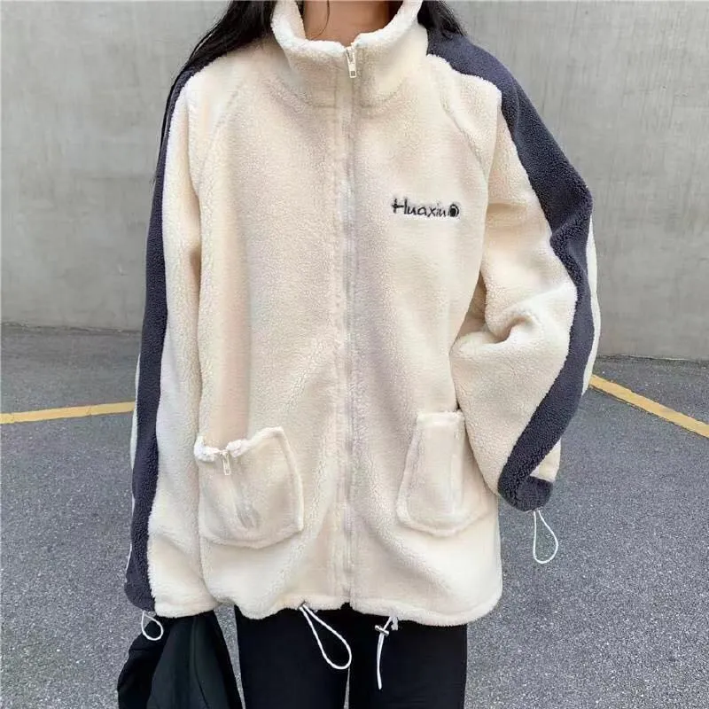 deanwangkt Oversize Women Hoodie Korean Fashion Autumn Winter Warm Harajuku Lamb Wool Zipper Hoodies Casual Thick Sweatshirt Loose