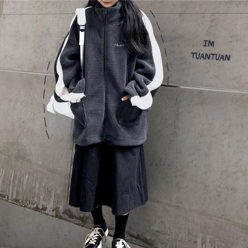 deanwangkt Oversize Women Hoodie Korean Fashion Autumn Winter Warm Harajuku Lamb Wool Zipper Hoodies Casual Thick Sweatshirt Loose