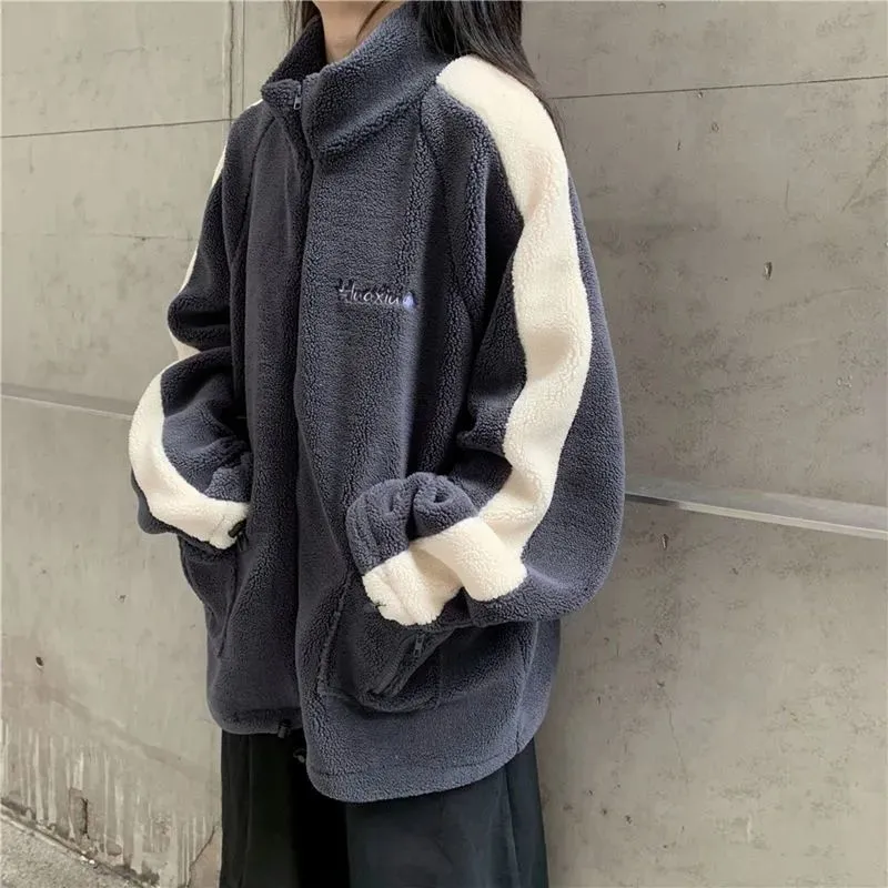 deanwangkt Oversize Women Hoodie Korean Fashion Autumn Winter Warm Harajuku Lamb Wool Zipper Hoodies Casual Thick Sweatshirt Loose