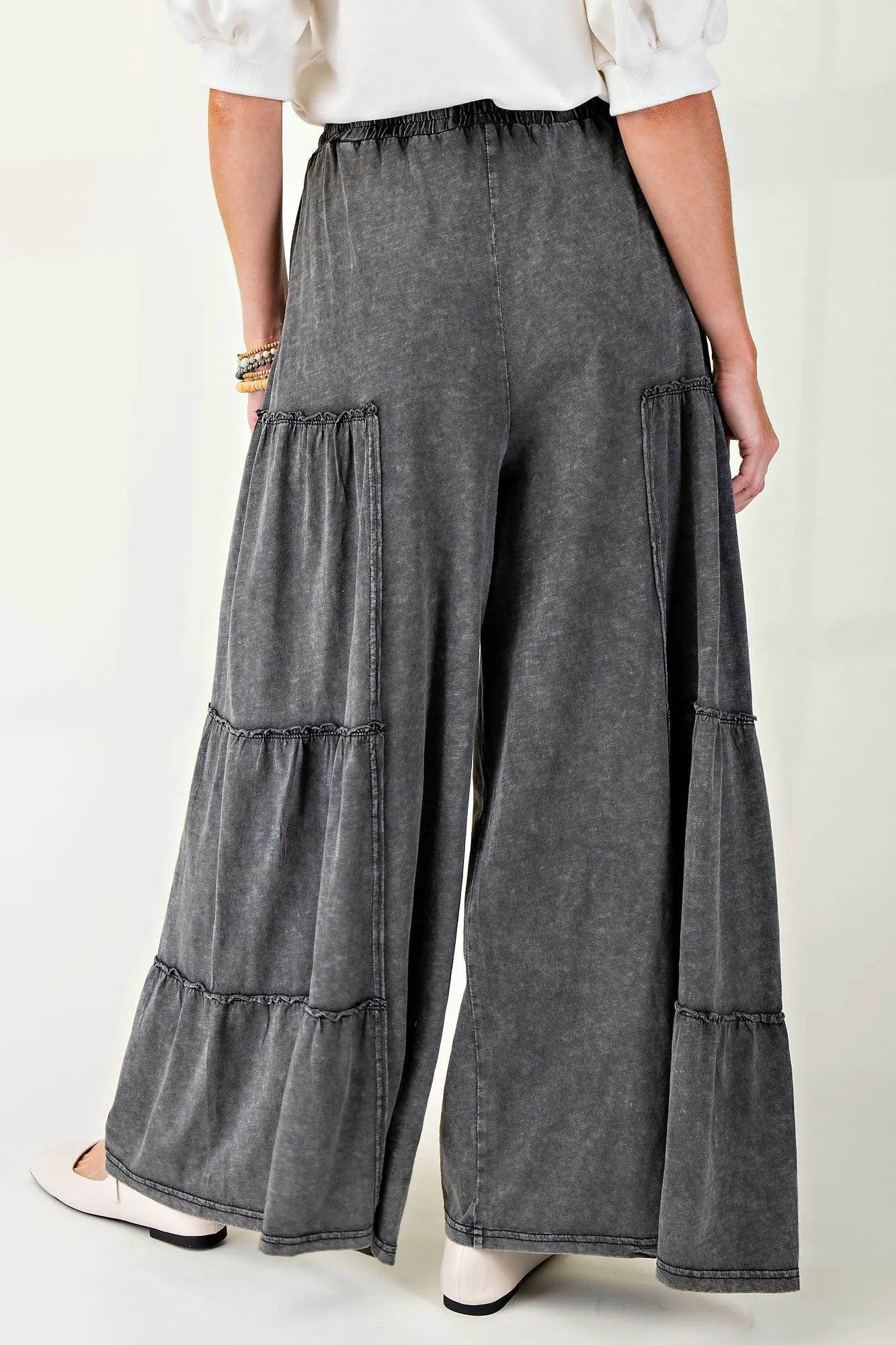 Easel Black Mineral Wash Tiered Wide Leg Pant