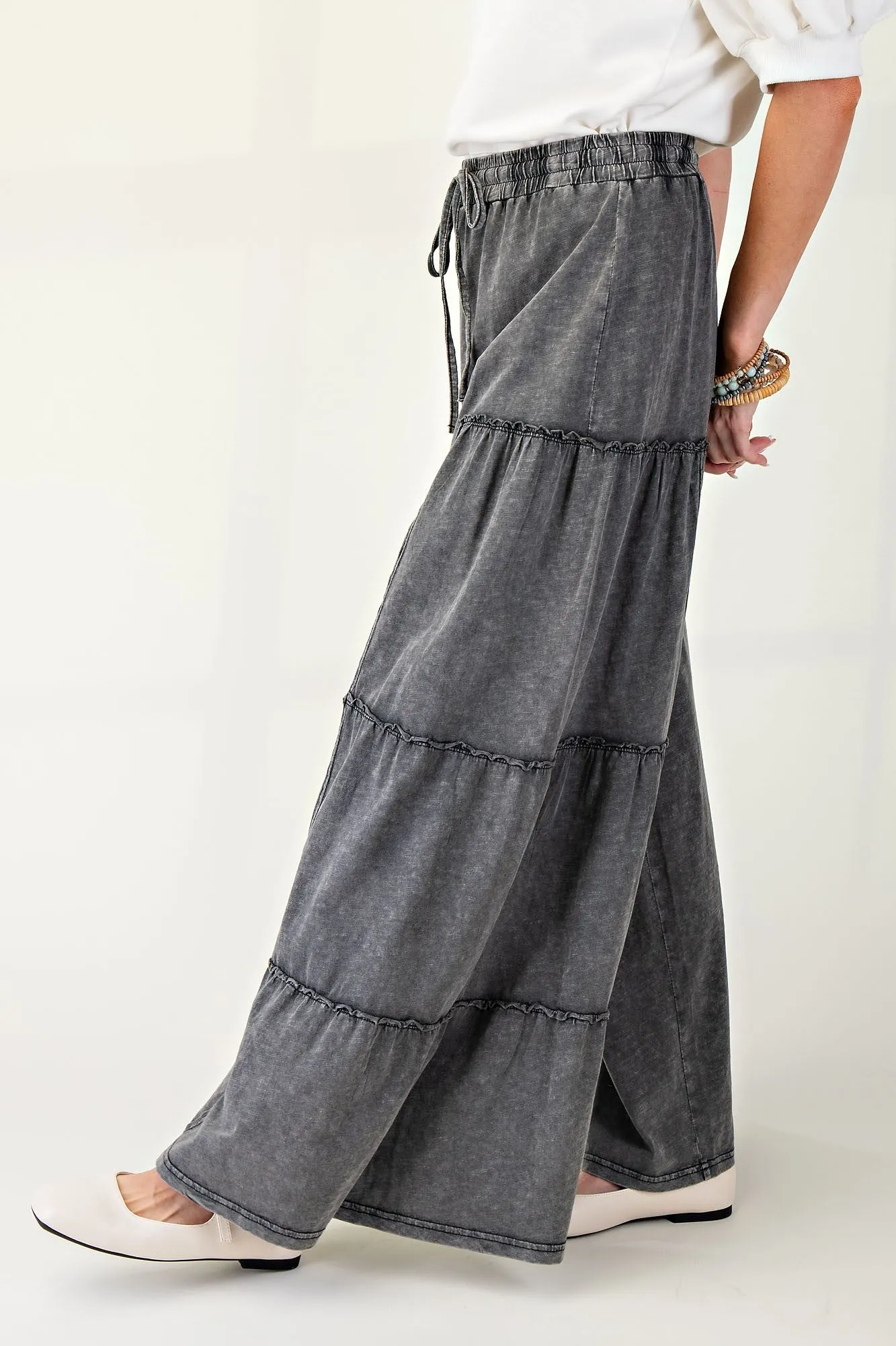 Easel Black Mineral Wash Tiered Wide Leg Pant