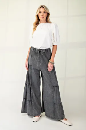 Easel Black Mineral Wash Tiered Wide Leg Pant