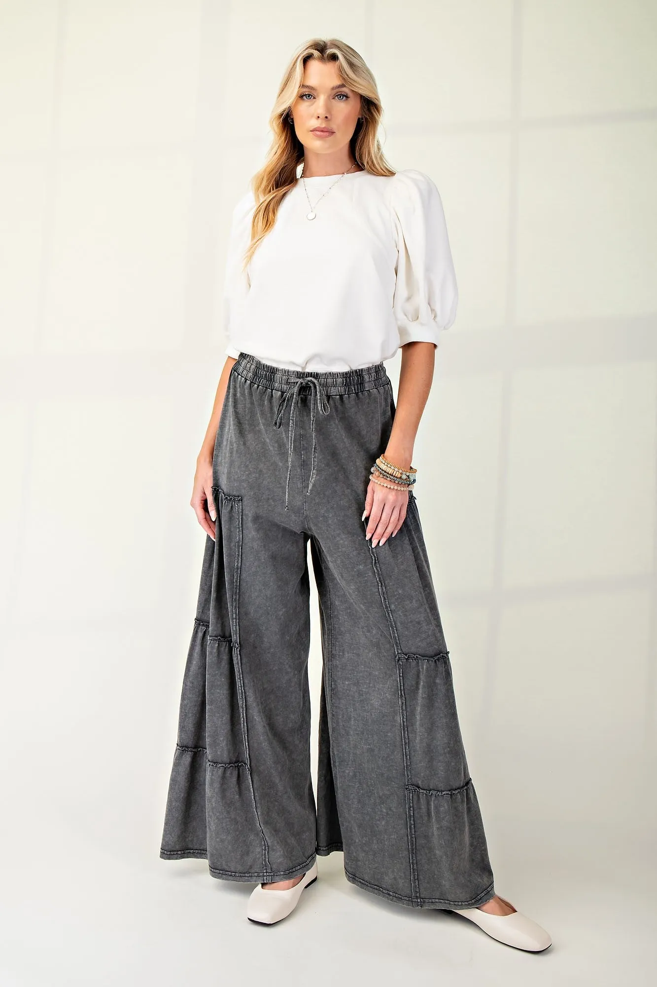 Easel Black Mineral Wash Tiered Wide Leg Pant