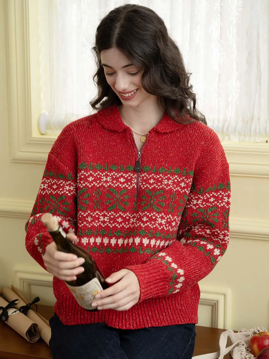 【Final Sale】Skylar Geo Pattern Half Zip Drop Shoulder Sweater