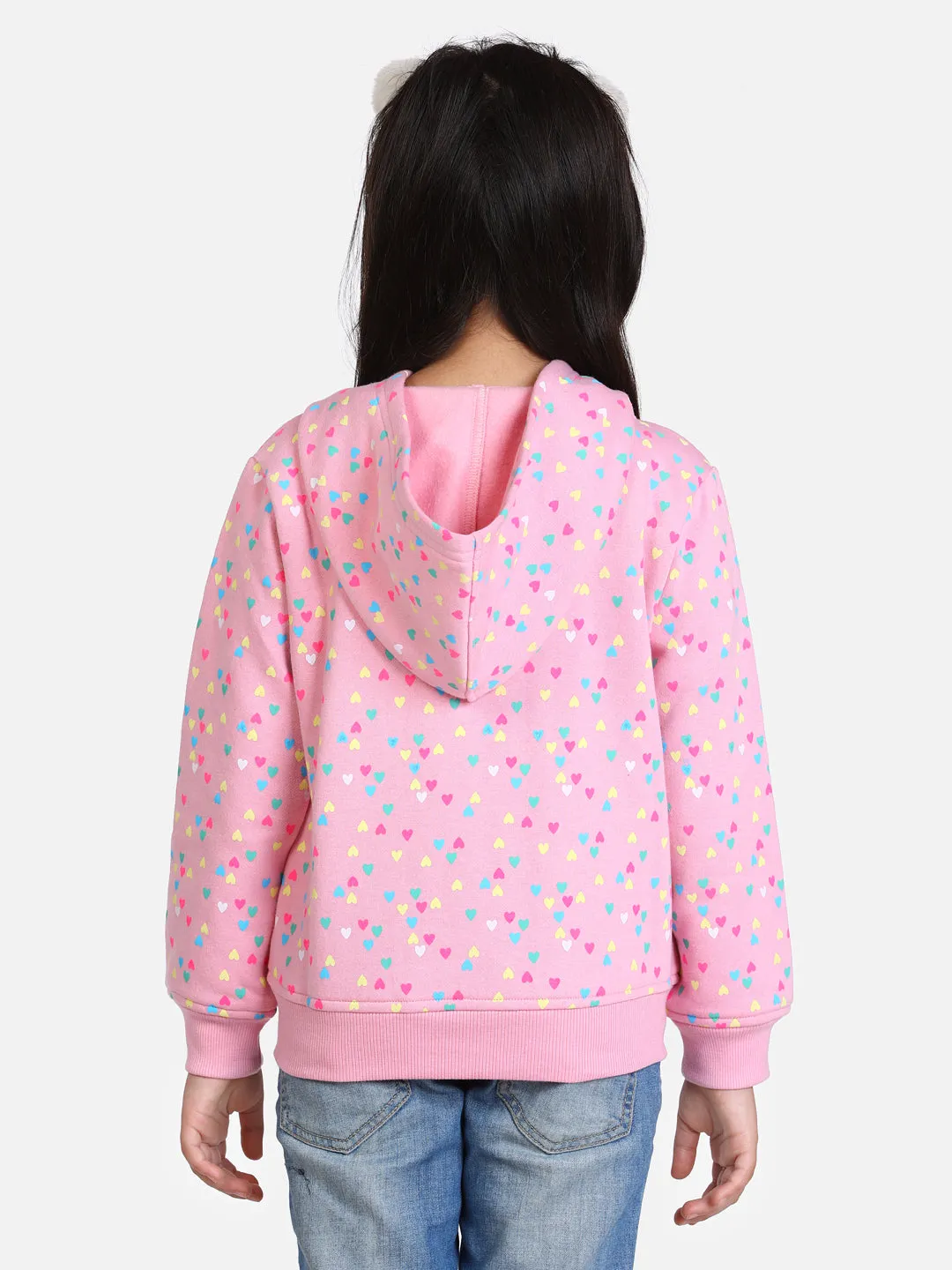 Girl's  Light Pink  Heart Printed Jacket With Hoodie - StyleStone Kid