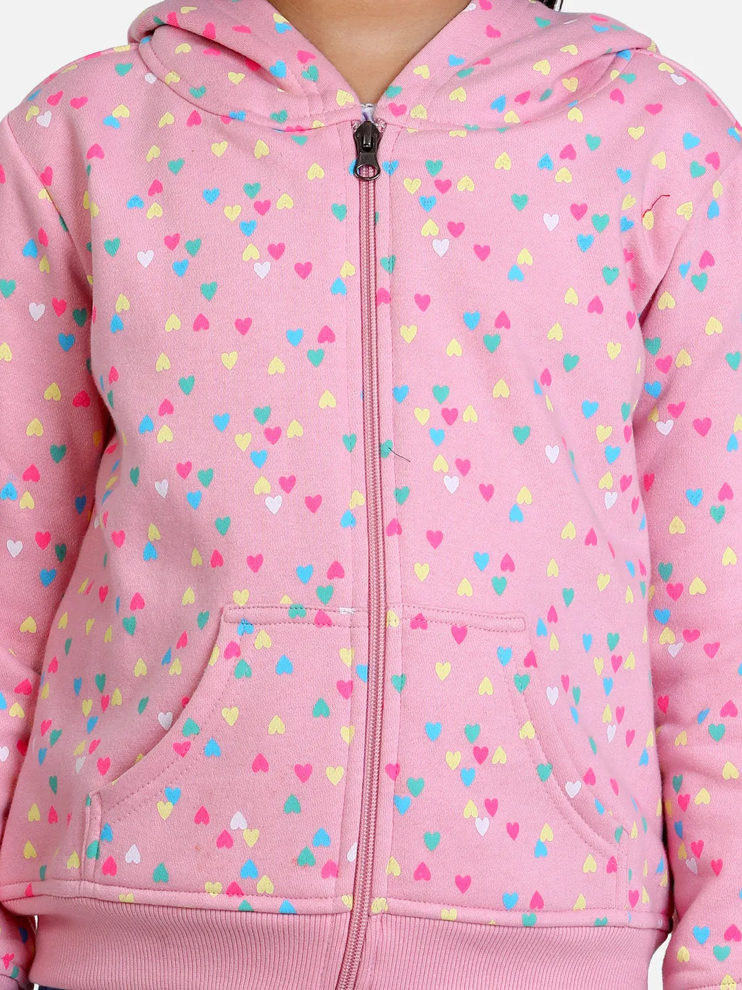 Girl's  Light Pink  Heart Printed Jacket With Hoodie - StyleStone Kid
