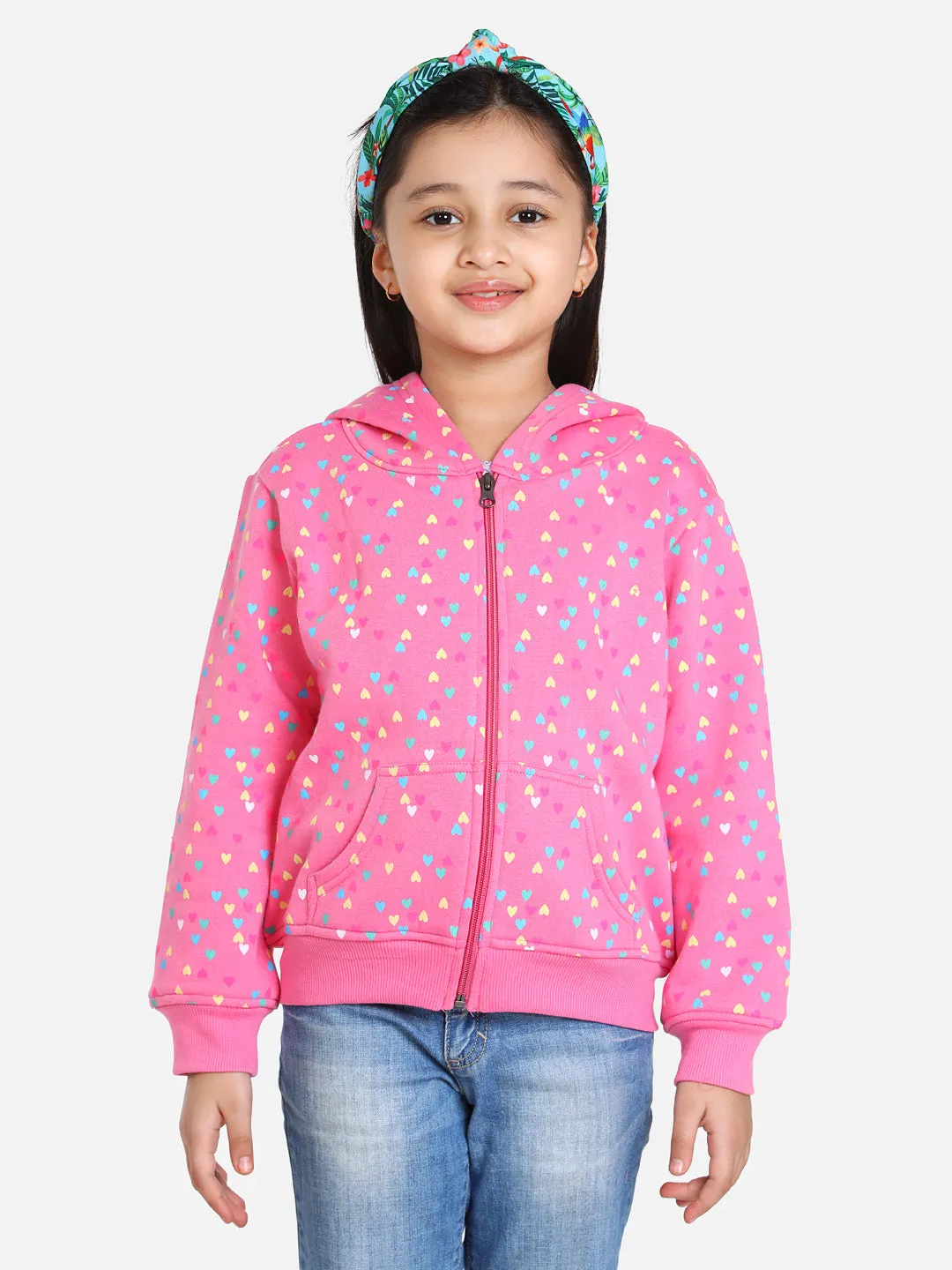 Girl's  Light Pink  Heart Printed Jacket With Hoodie - StyleStone Kid