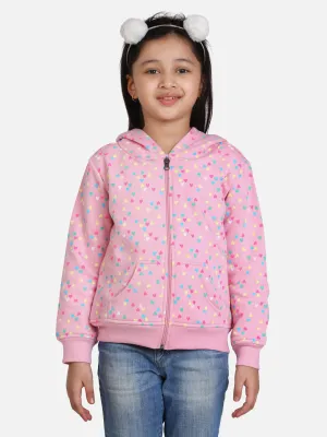 Girl's  Light Pink  Heart Printed Jacket With Hoodie - StyleStone Kid