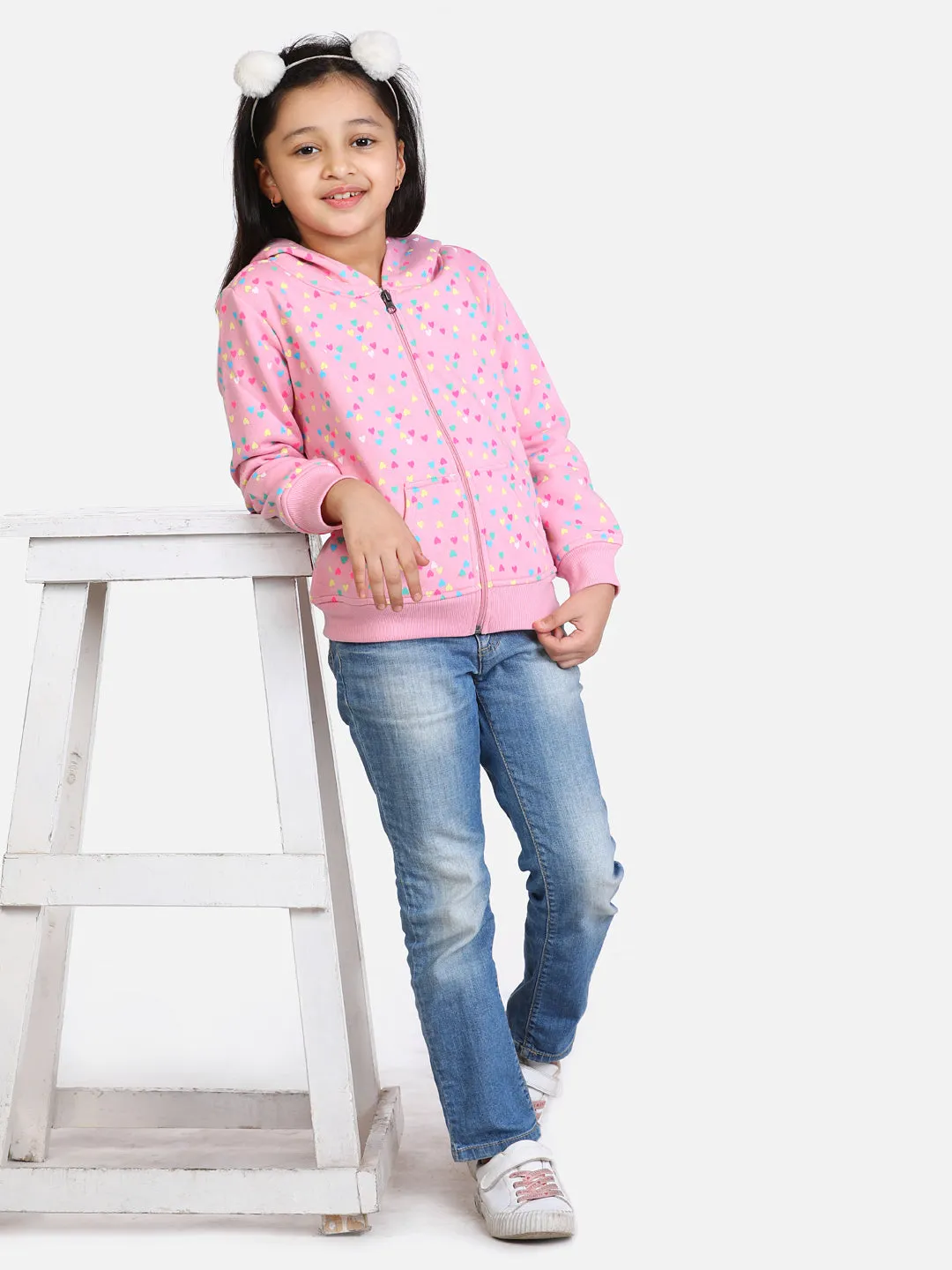 Girl's  Light Pink  Heart Printed Jacket With Hoodie - StyleStone Kid