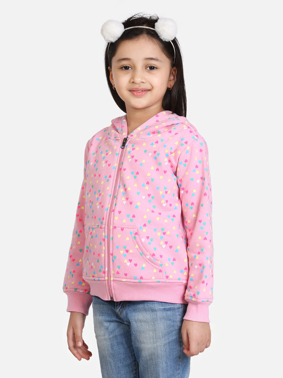 Girl's  Light Pink  Heart Printed Jacket With Hoodie - StyleStone Kid
