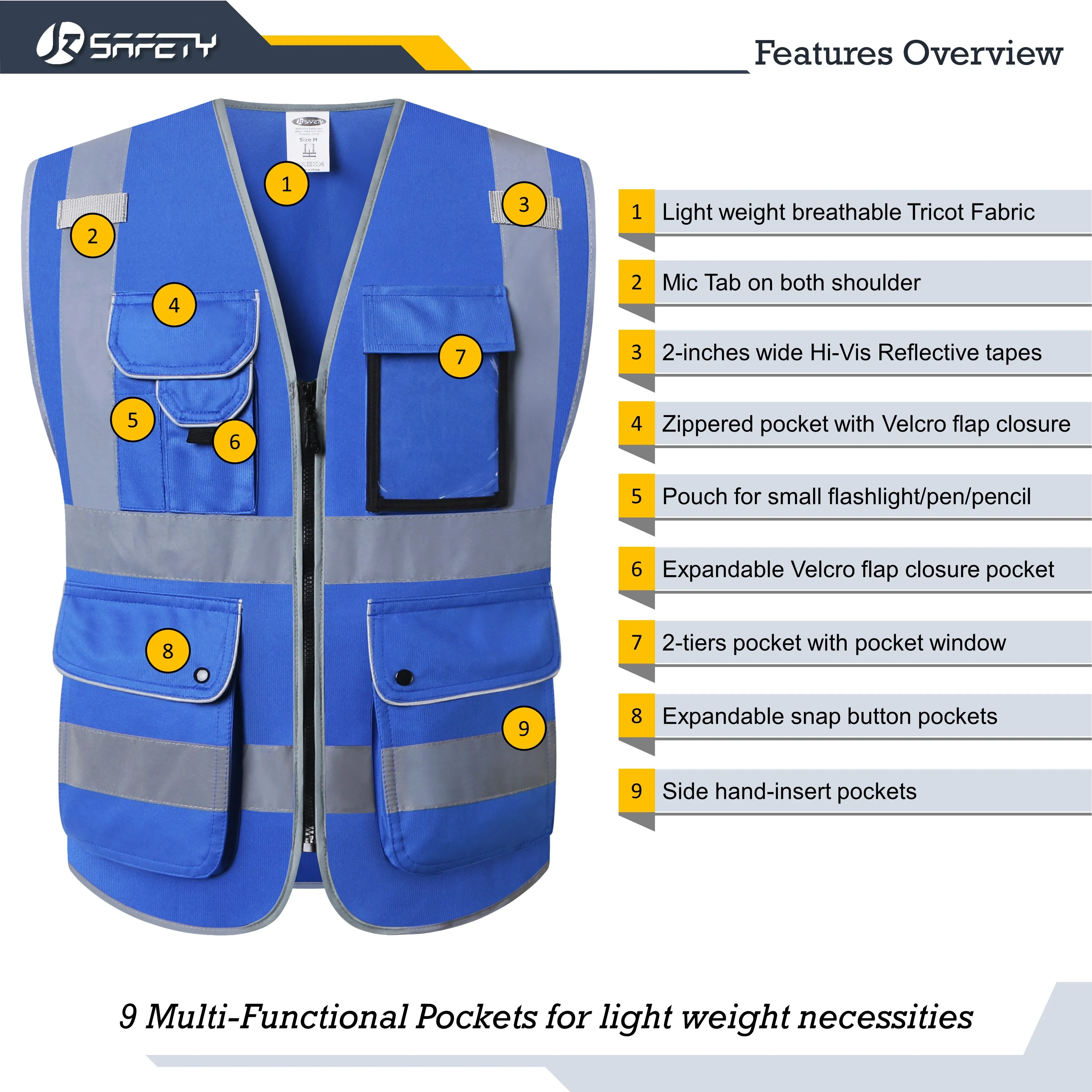 JKSafety 9 Pockets Hi-Vis Reflective Safety Vest (JK150)