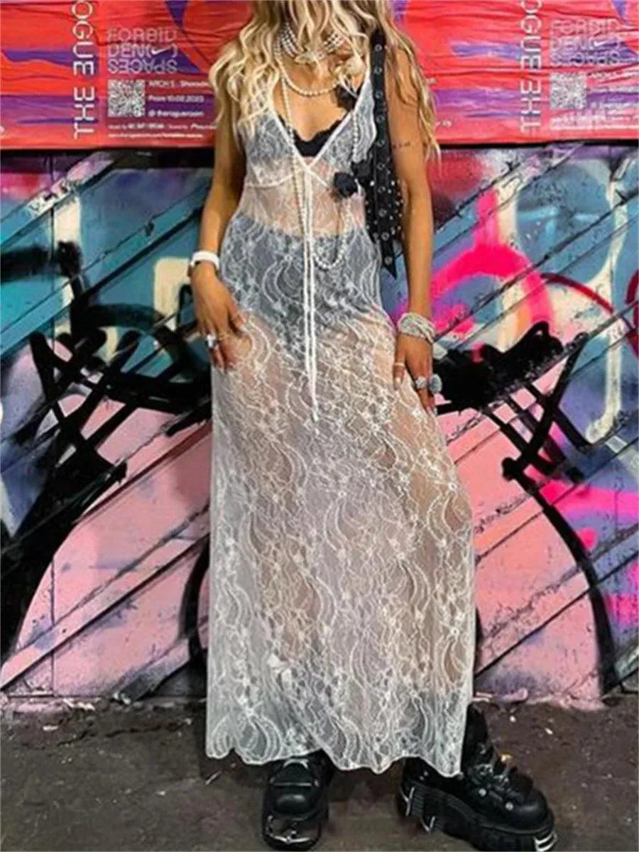 Lace Floral Sheer Tank Dress: Elegant V-Neck Cover-Up for Women - Stylish Summer Wear