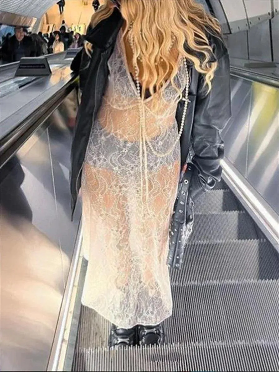 Lace Floral Sheer Tank Dress: Elegant V-Neck Cover-Up for Women - Stylish Summer Wear