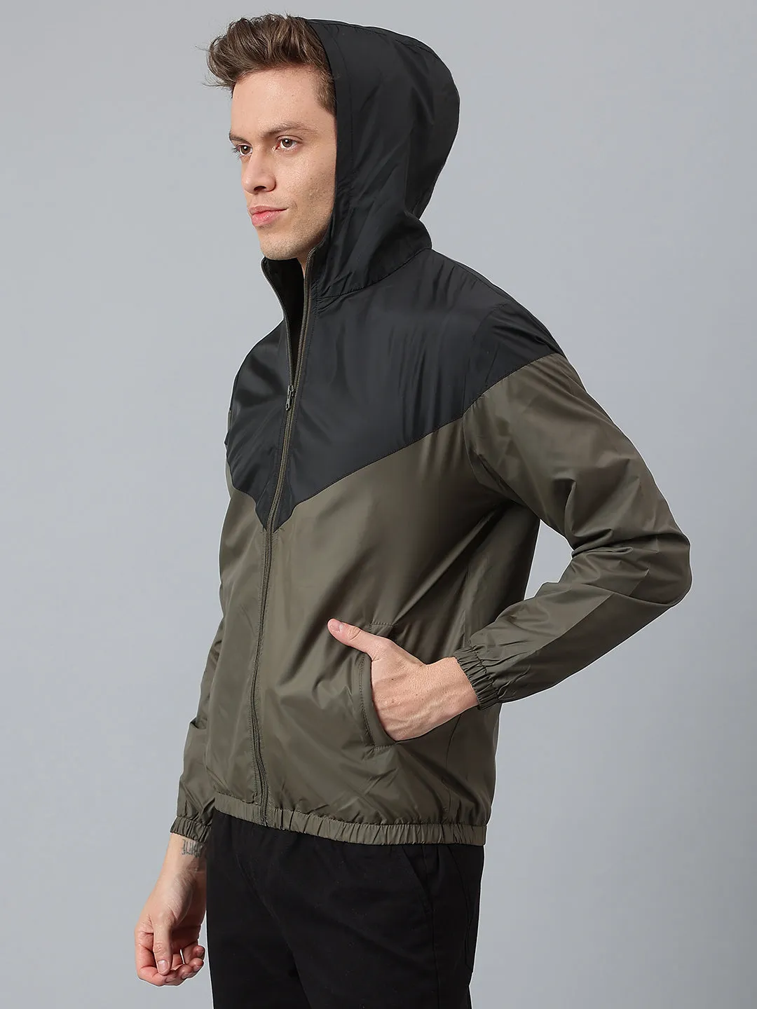 Men's Olive Regular Fit Hooded Winterwear Shell Jackets