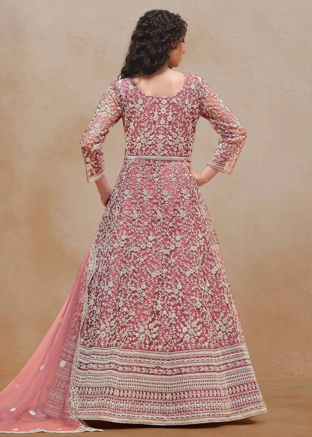 Net Pink Embroidered Festive Style Anarkali Suit