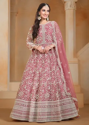 Net Pink Embroidered Festive Style Anarkali Suit