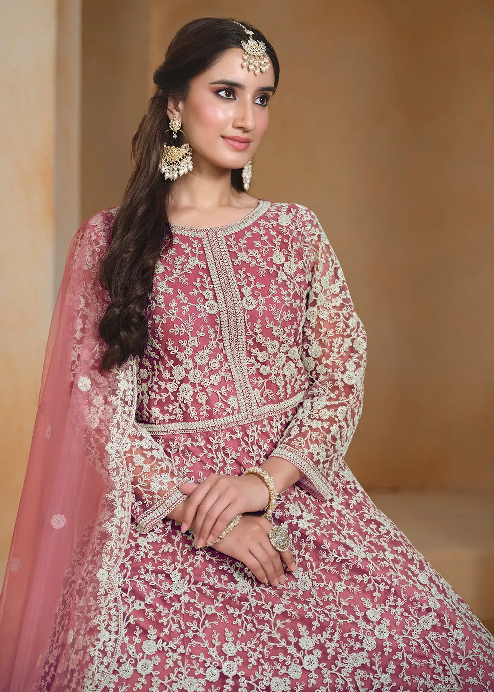 Net Pink Embroidered Festive Style Anarkali Suit