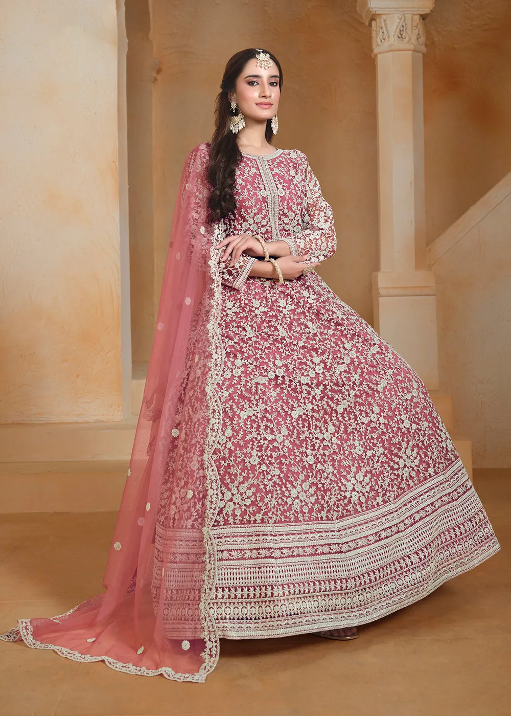 Net Pink Embroidered Festive Style Anarkali Suit