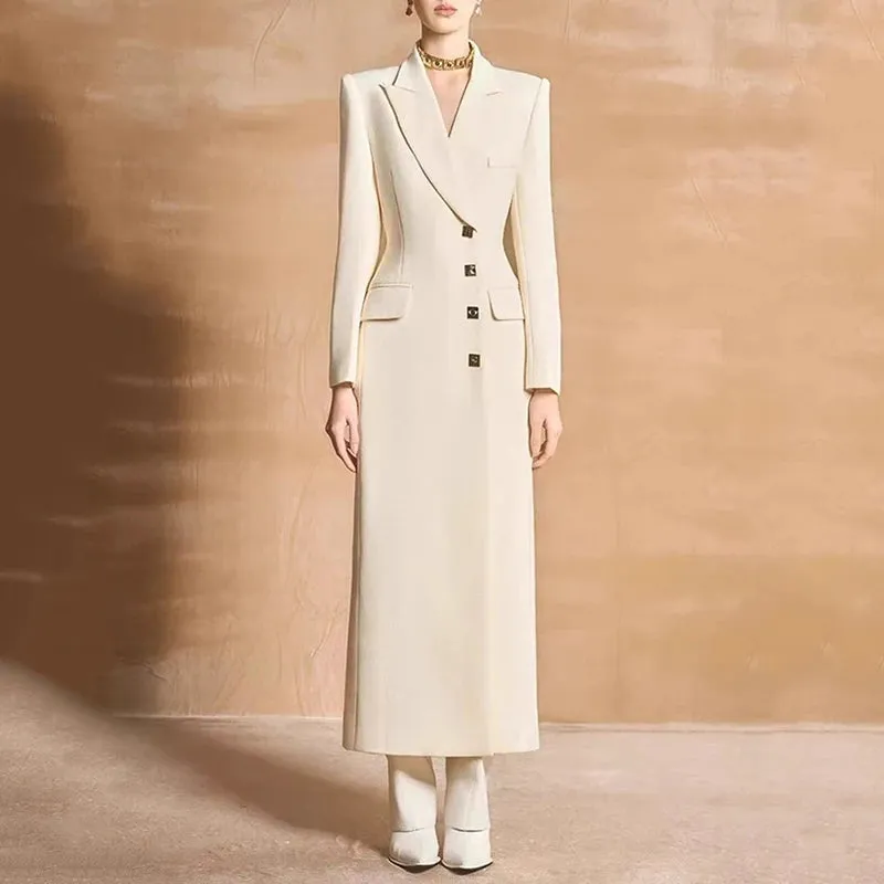 Notched Single Breasted Pockets Waist Retraction Trench Maxi Coat