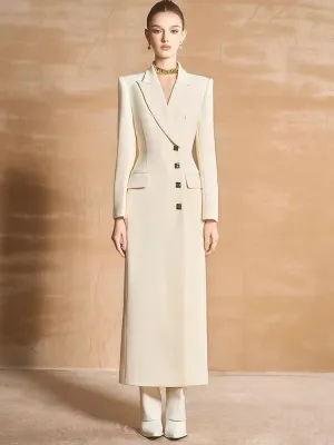 Notched Single Breasted Pockets Waist Retraction Trench Maxi Coat