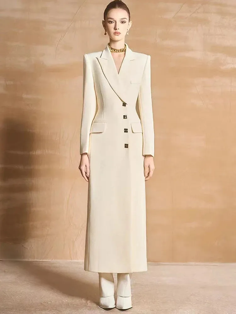 Notched Single Breasted Pockets Waist Retraction Trench Maxi Coat