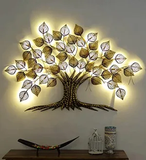 Rajasthani Ethnic Handcrafted Powder Coated Metal Decorative Tree Wall Art (Golden with LED, 55x2x38 Inch)