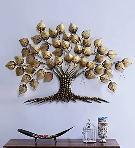 Rajasthani Ethnic Handcrafted Powder Coated Metal Decorative Tree Wall Art (Golden with LED, 55x2x38 Inch)