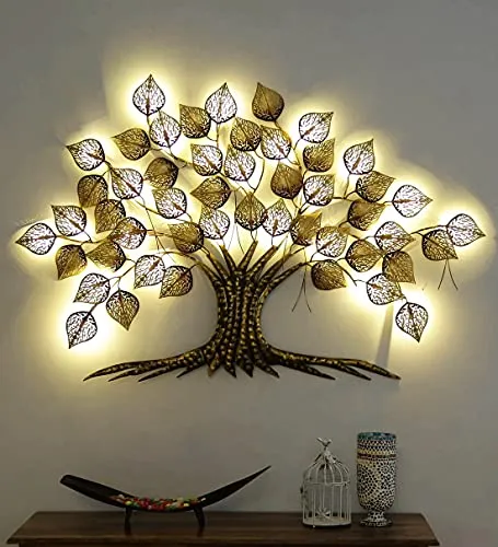 Rajasthani Ethnic Handcrafted Powder Coated Metal Decorative Tree Wall Art (Golden with LED, 55x2x38 Inch)