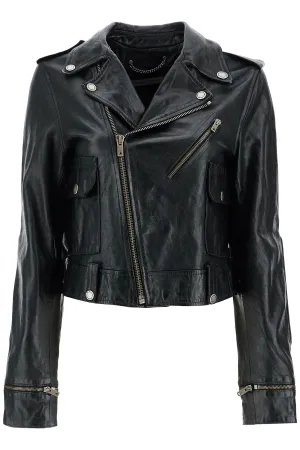 SHINY BLACK SHEEPSKIN BIKER JACKET WITH STURDY ZIP