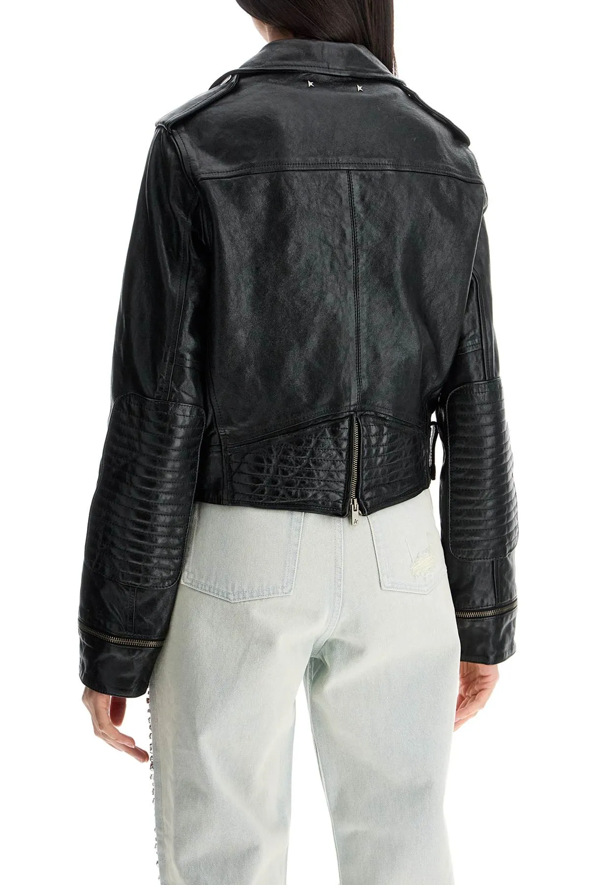 SHINY BLACK SHEEPSKIN BIKER JACKET WITH STURDY ZIP