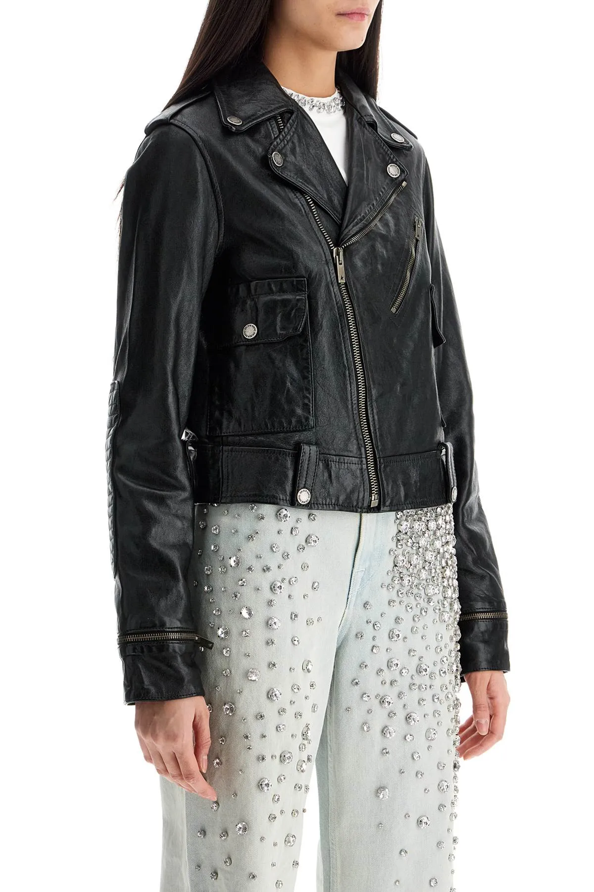 SHINY BLACK SHEEPSKIN BIKER JACKET WITH STURDY ZIP