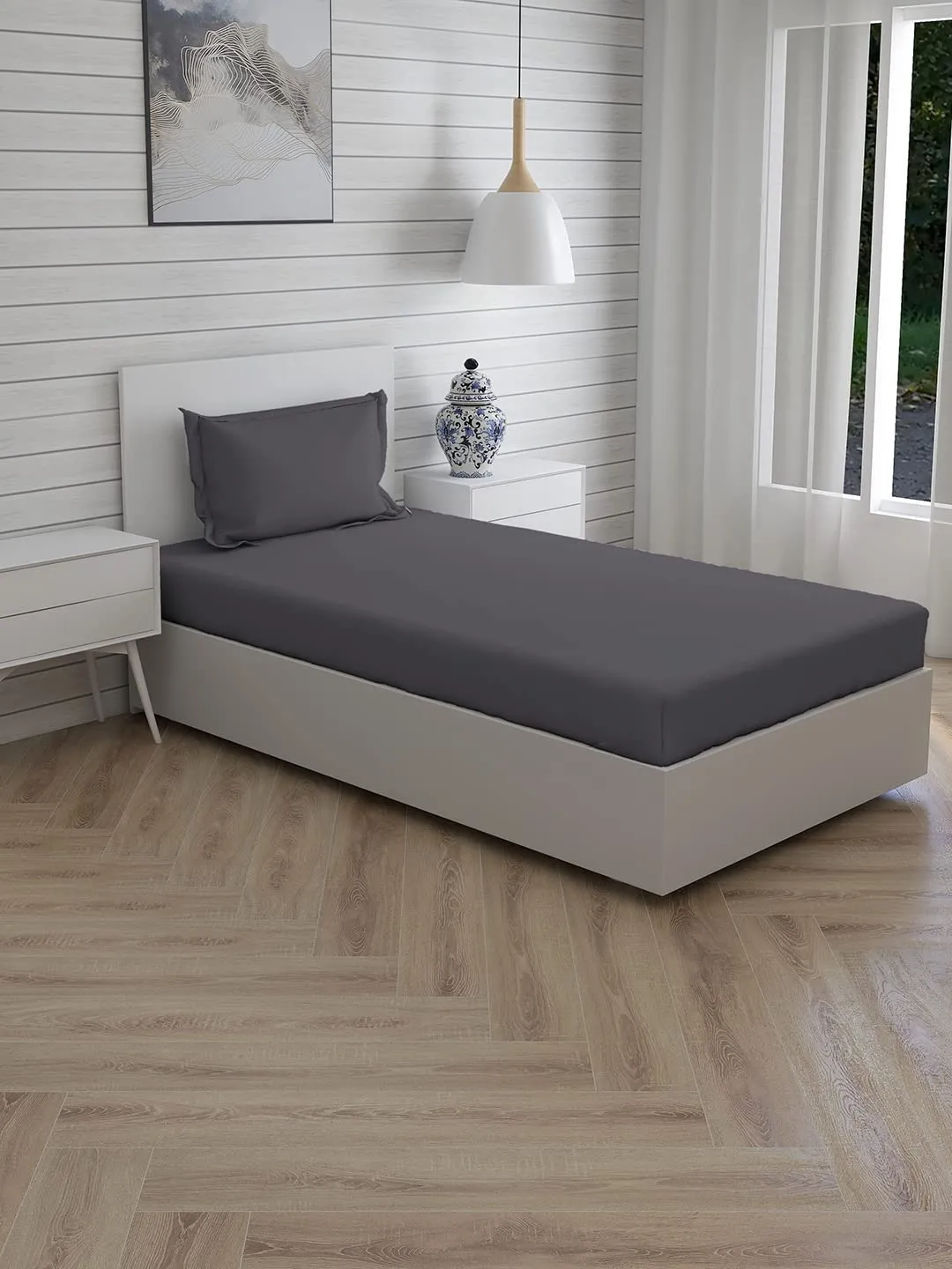 Shri Anand Creations Fast Color Solid/Plain Dark Grey Bedsheet for Single Bed with 1 Pillow Cover, Cotton