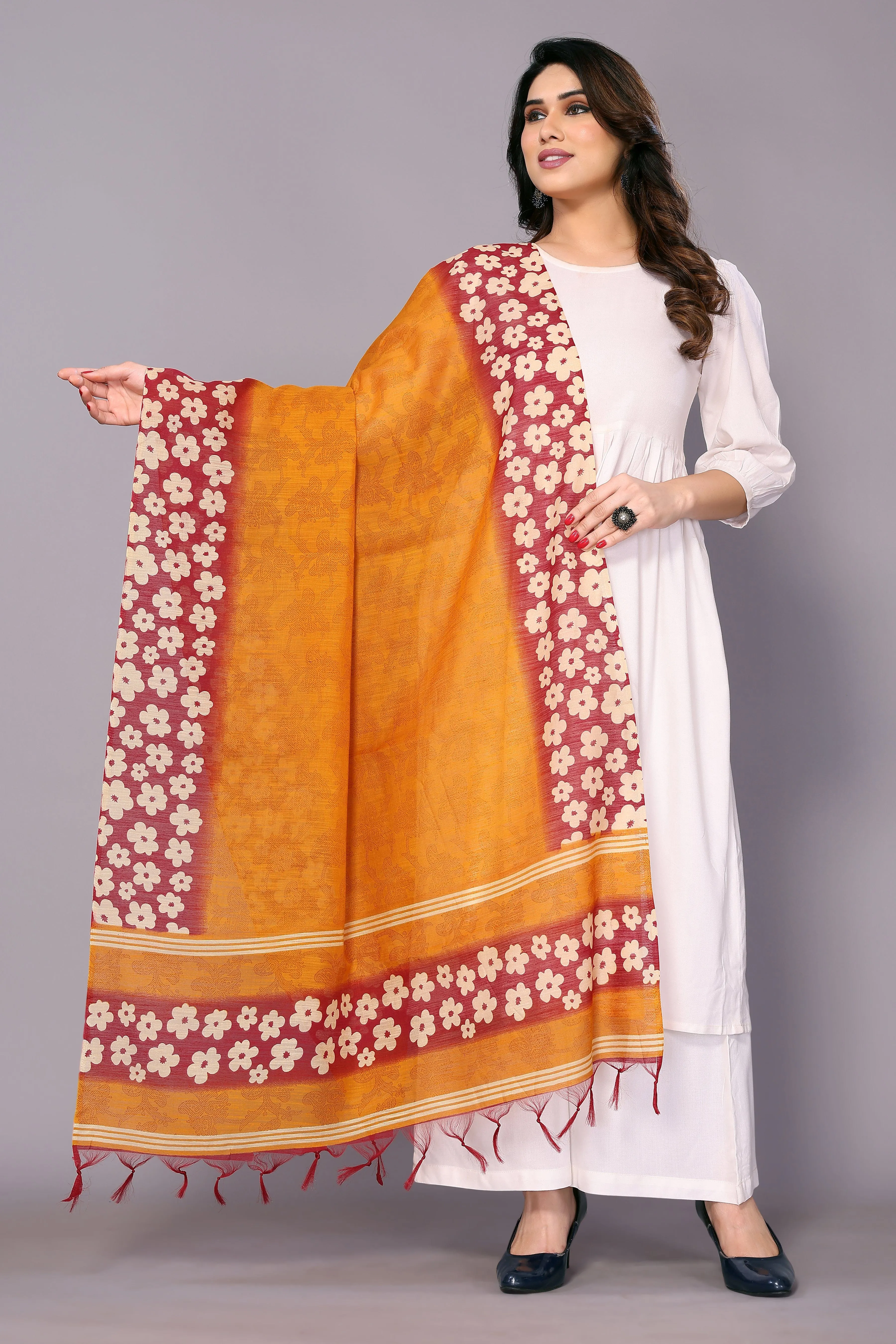Varanga Mustard And Red Printed Khadi Cotton Dupatta With Tasselled Border
