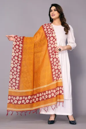 Varanga Mustard And Red Printed Khadi Cotton Dupatta With Tasselled Border