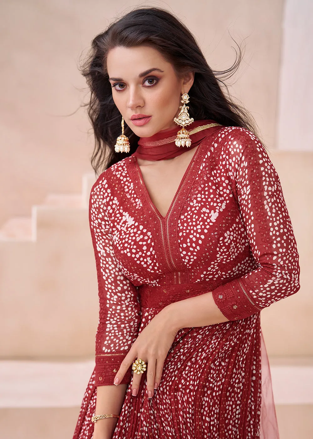 Wedding Red Real Georgette Embroidered Anarkali Gown