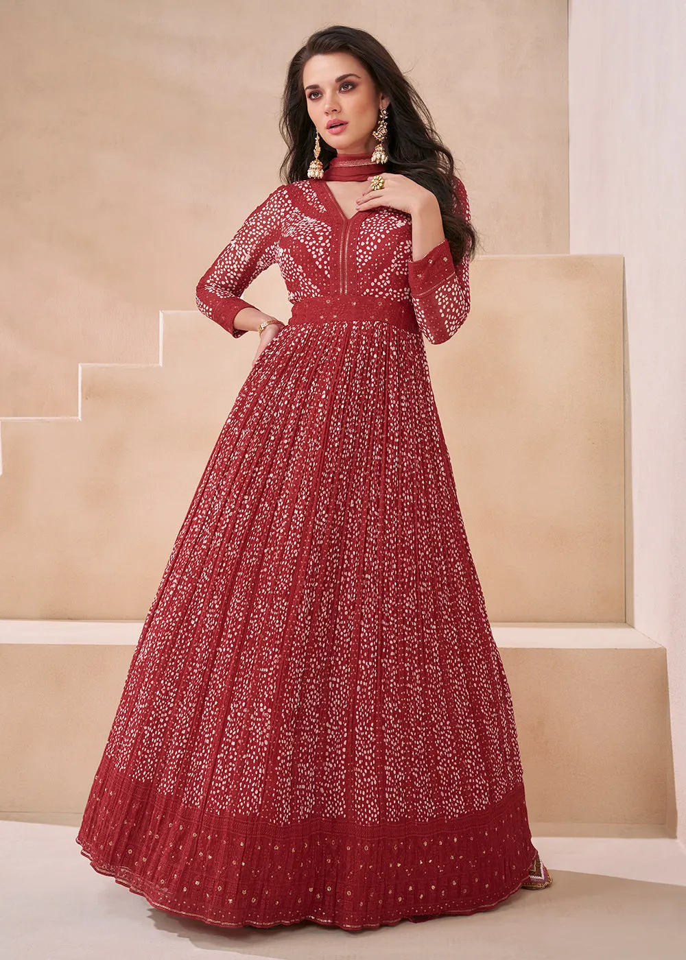 Wedding Red Real Georgette Embroidered Anarkali Gown